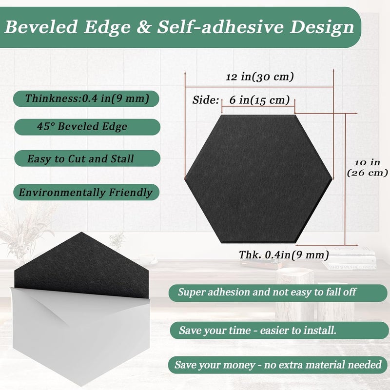 UNECHO Store Hexagonal Acoustic Panels-12 Pack High-Density Sound Absorbing Panels 12"X10"X0.4" for Enhanced Noise Reduction, DIY Design, Idea for Studios, Offices, and Home Theaters(Black) - Image 4